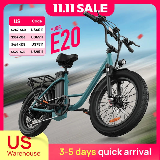URLIFE 1000W E20 Electric Bike | 48V 13Ah Removable Battery, 20MPH, 20''X3" Fat Tire, 7-Speed E-Bike with Dual Disc Brake